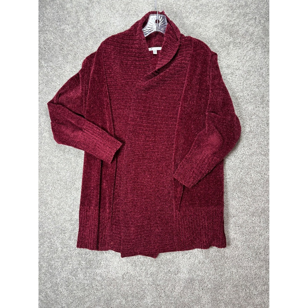Seven7 Women Burgundy Chenille Open Front Shawl Collar‎ Cardigan Sweater Large L